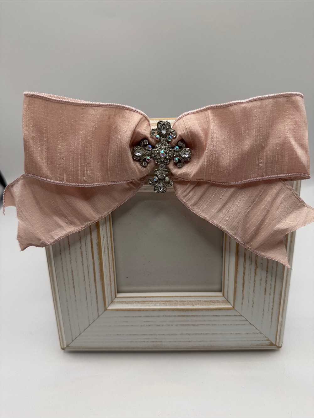 AB Designs Pink Silk Ribbon Picture Frame w/ Crystal Cross Accent